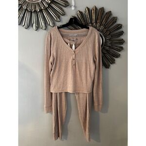 Abercrombie & Fitch Ribbed Henley Top and Jogger Lounge Set Tan Beige Womens L M